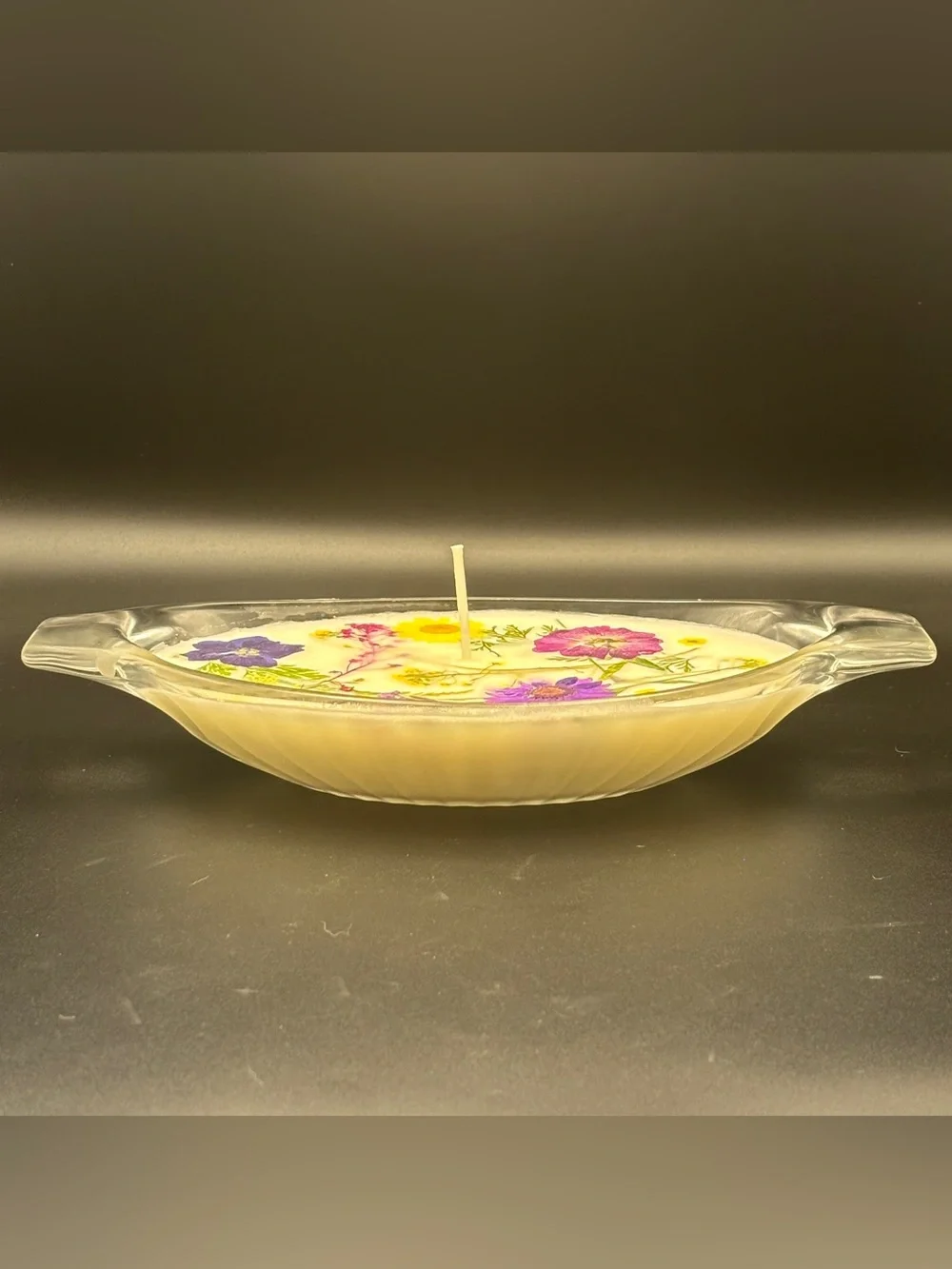 Floral Embedded Soy Candle in Glass Dish - Purple Pink Yellow Flowers